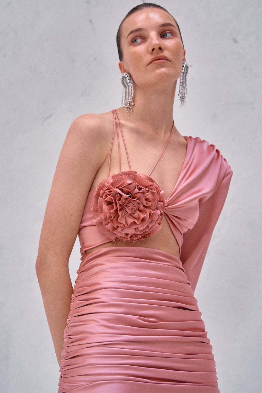 Dolores Çiçek Bağcıklı Büzgülü Mini Elbise