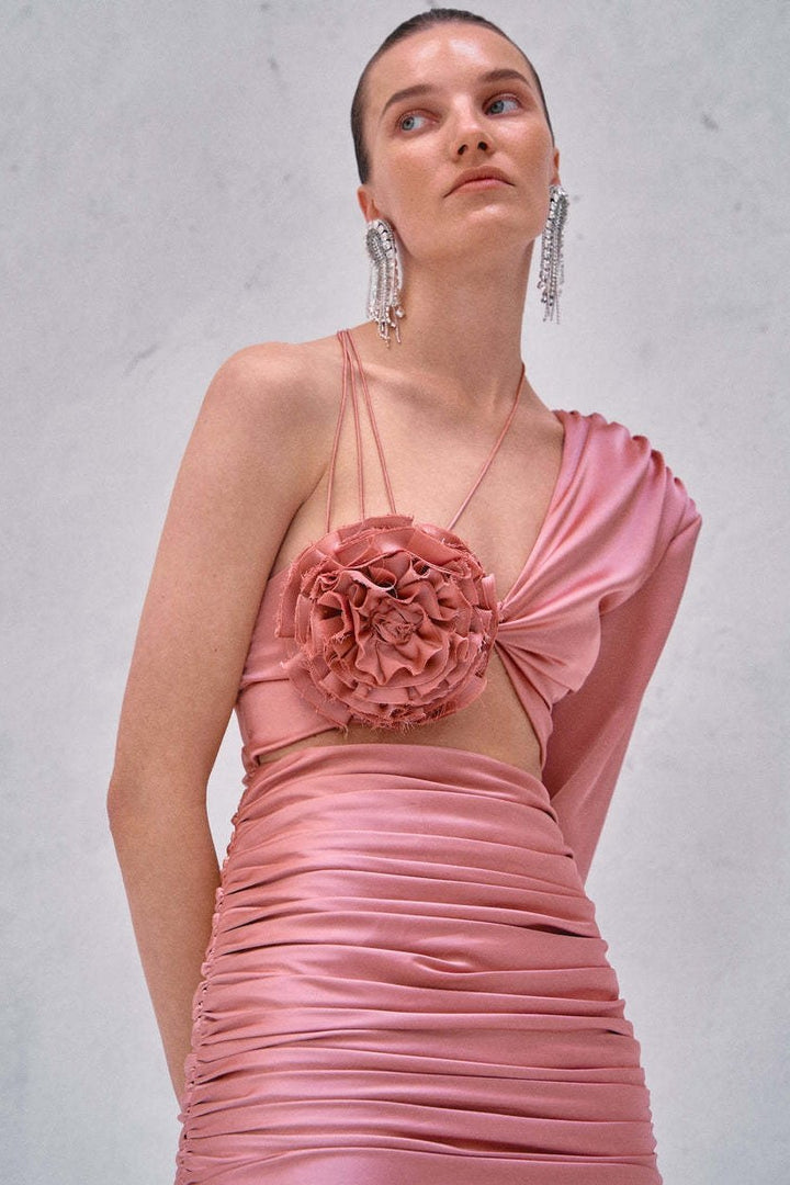 Dolores Çiçek Bağcıklı Büzgülü Mini Elbise