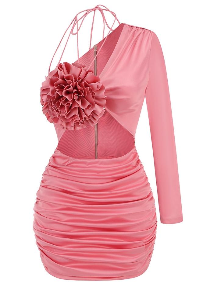 Dolores Çiçek Bağcıklı Büzgülü Mini Elbise