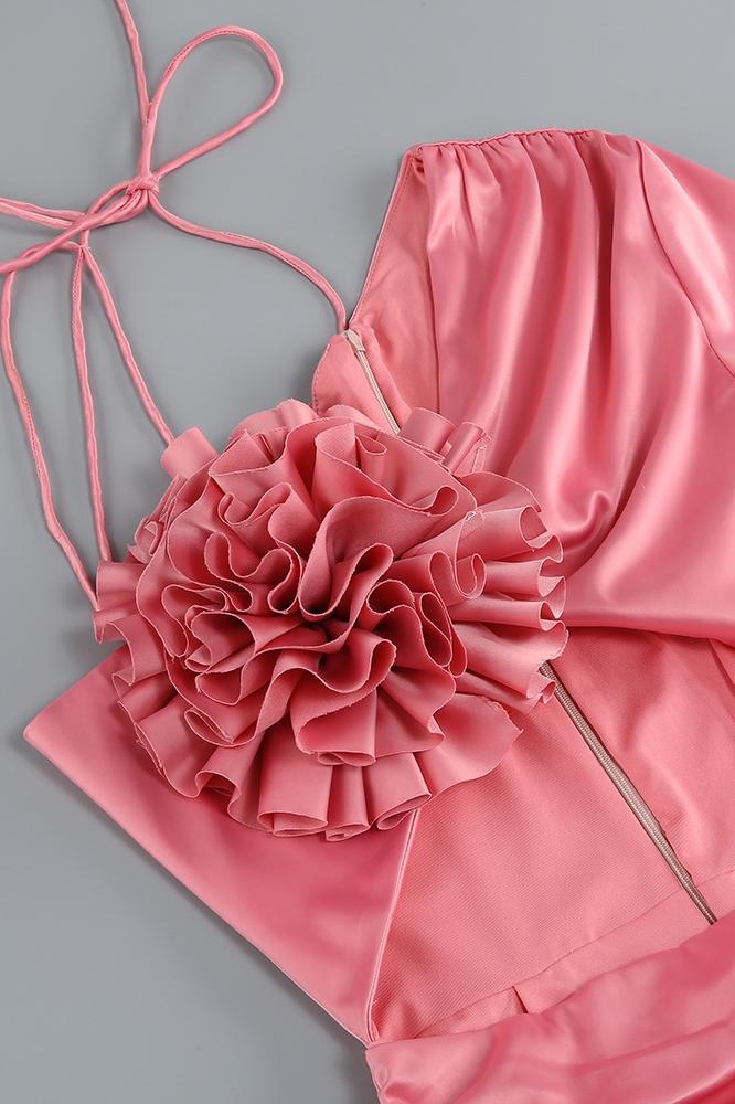 Dolores Çiçek Bağcıklı Büzgülü Mini Elbise