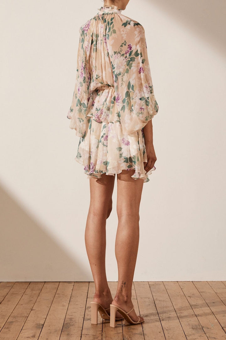 Dolores Baskılı V Yaka Şifon Mini Köylü Elbise