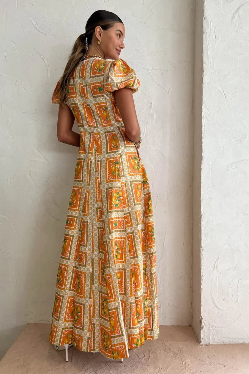 Doreen Baskılı V Yaka Uzun Elbise