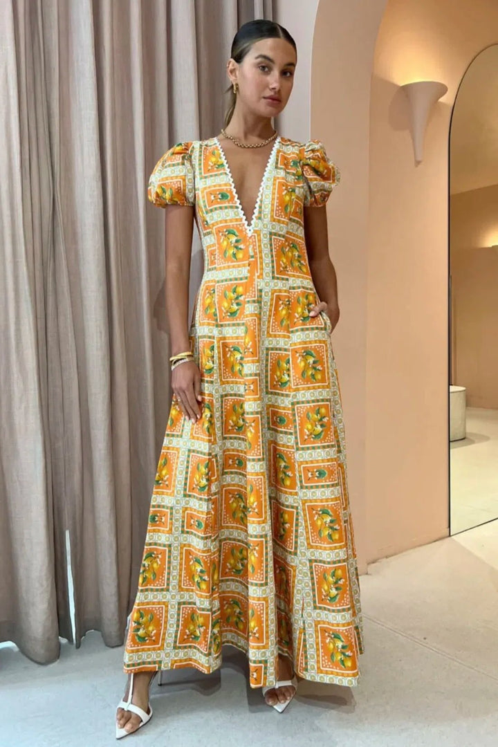 Doreen Baskılı V Yaka Uzun Elbise