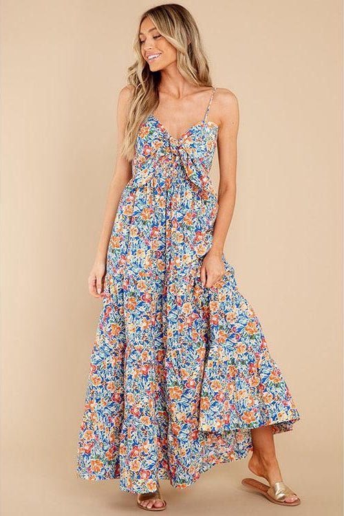 Doris Baskılı Düğümlü Büzgülü Uzun Elbise