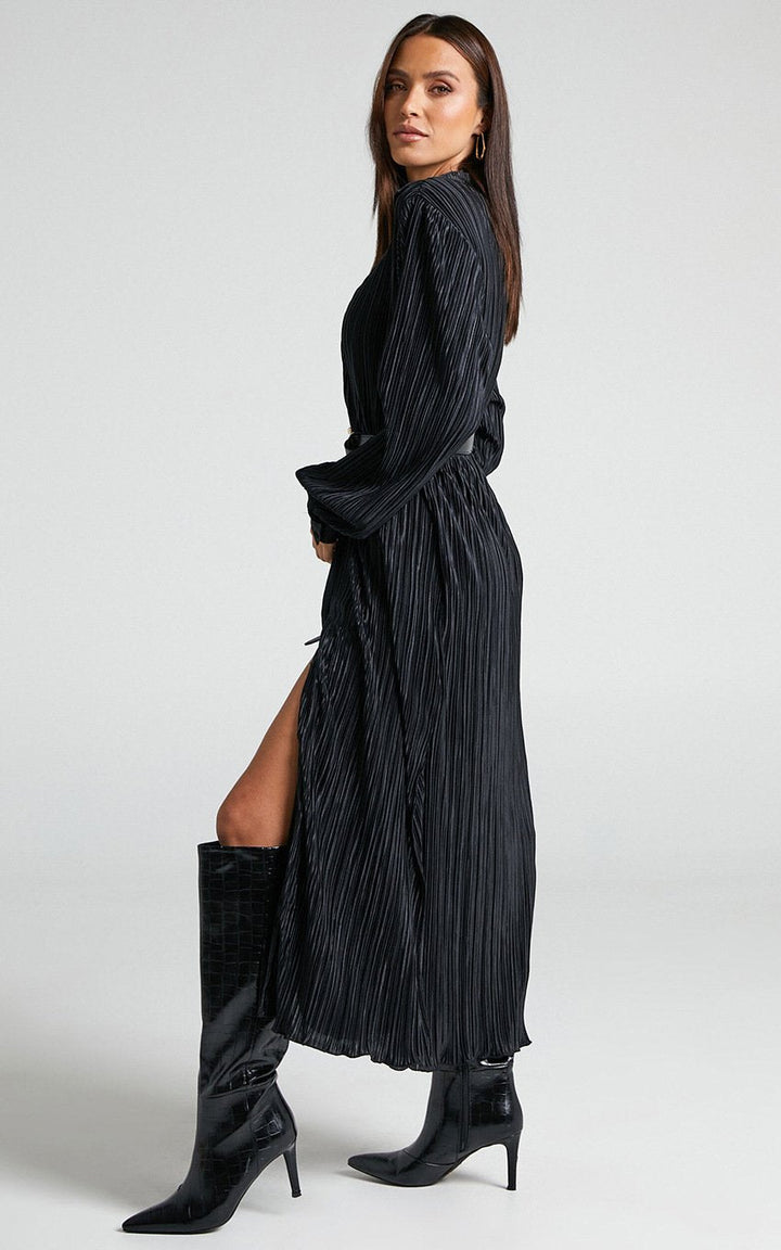 Eartha V Yaka Plisse Midi Gömlek Elbise