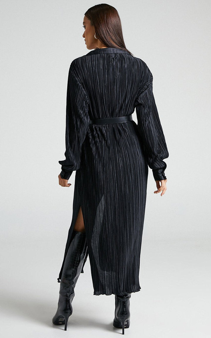 Eartha V Yaka Plisse Midi Gömlek Elbise