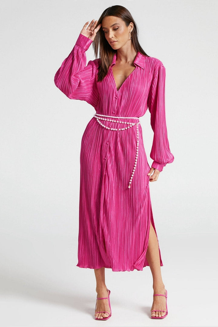 Eartha V Yaka Plisse Midi Gömlek Elbise