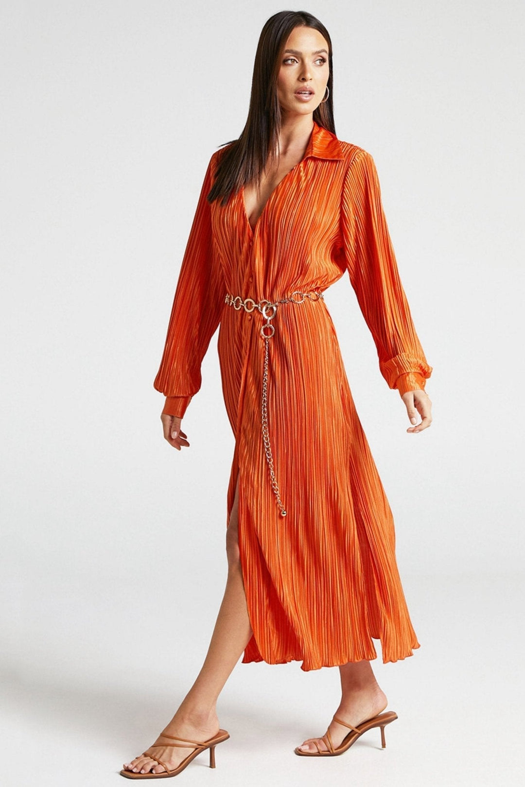 Eartha V Yaka Plisse Midi Gömlek Elbise