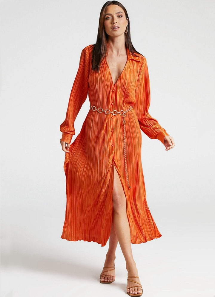 Eartha V Yaka Plisse Midi Gömlek Elbise