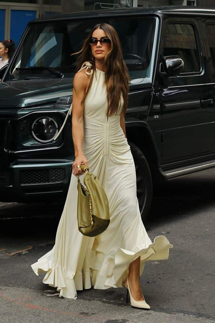 Edna Boyundan Bağlamalı Büzgülü Uzun Elbise