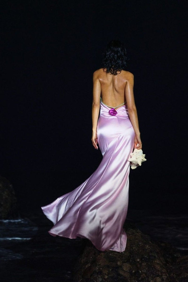 Edwina Boyundan Bağlamalı Rozet Uzun Elbise