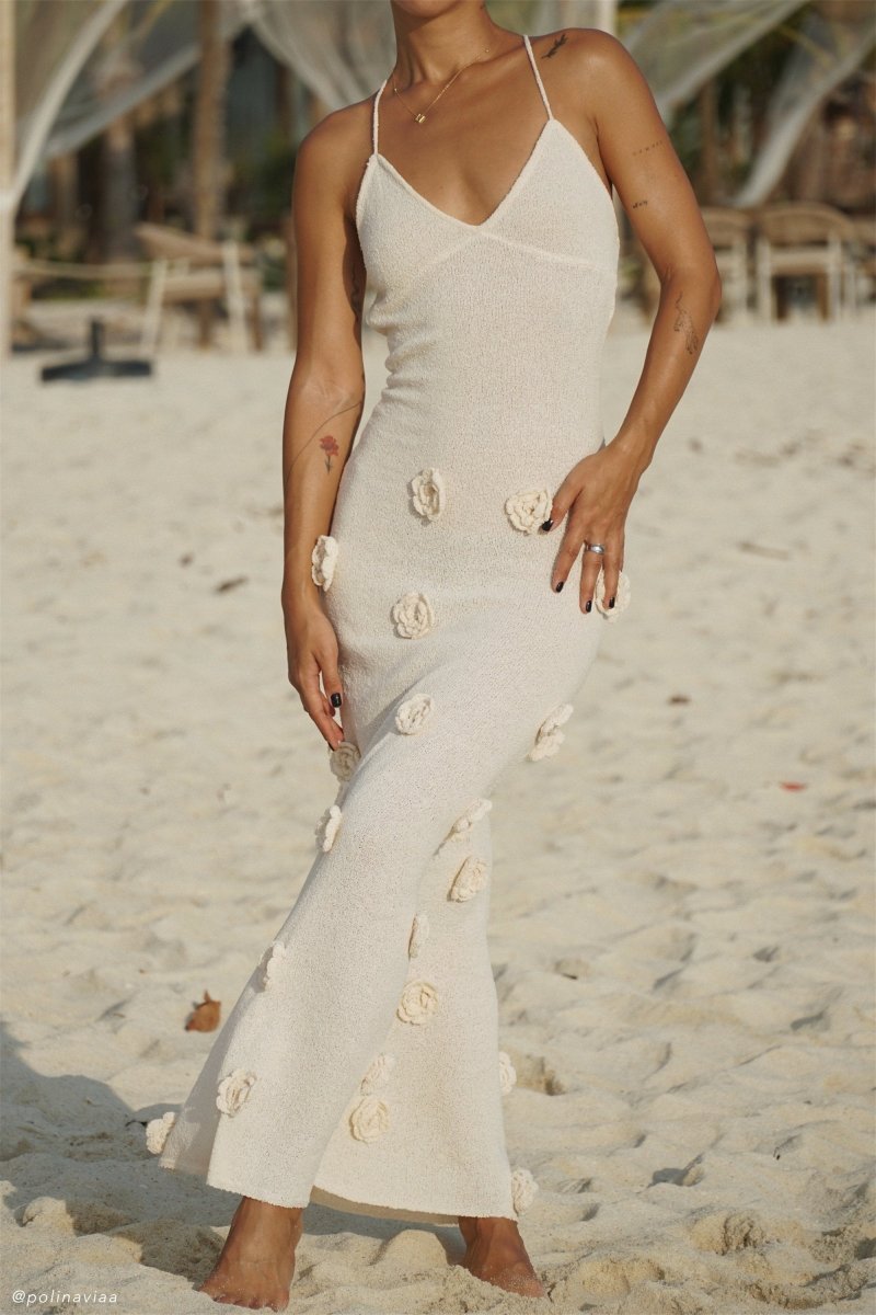 Edwina V Yaka Örme Çiçekli Maxi Elbise