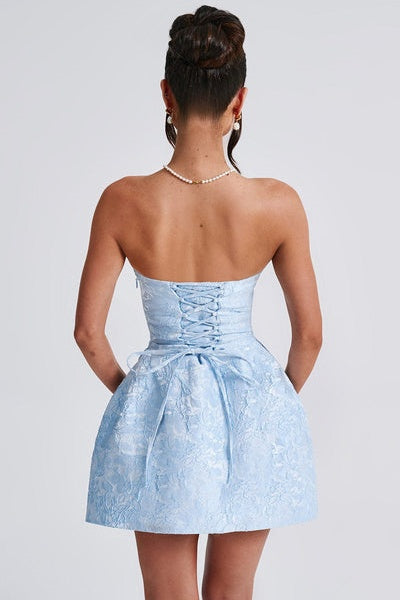 Julie Çiçekli Jakarlı Bağcıklı Mini Elbise