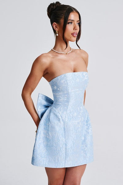 Julie Çiçekli Jakarlı Bağcıklı Mini Elbise