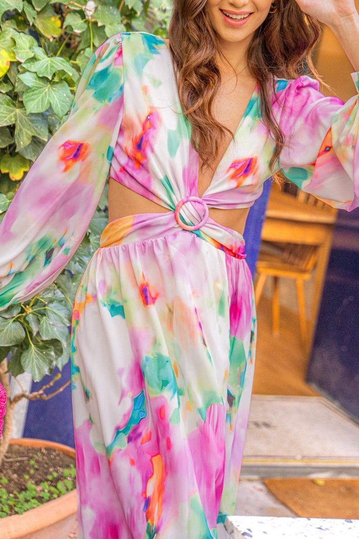 Eline Baskılı Dekolteli Yırtmaçlı Uzun Elbise