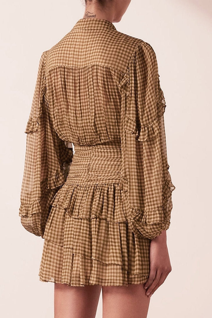 Eliza Ekose Baskılı Fırfırlı Büzgülü Şifon Mini Elbise