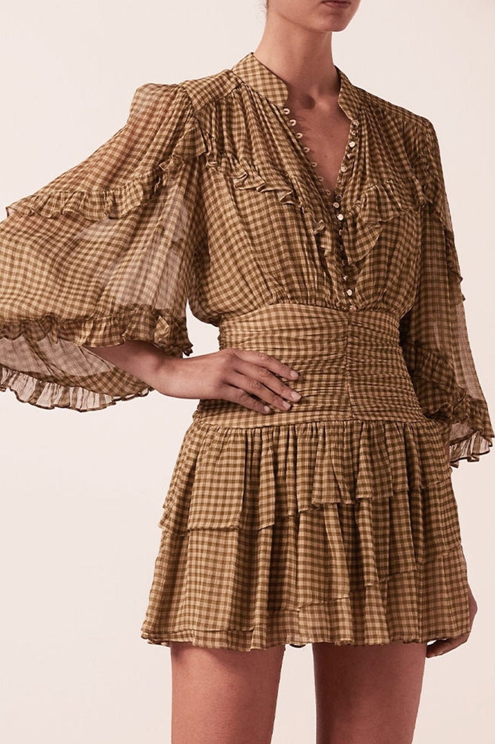 Eliza Ekose Baskılı Fırfırlı Büzgülü Şifon Mini Elbise