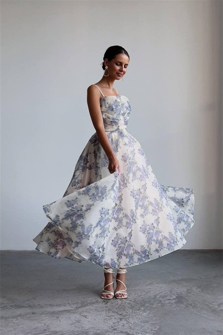 Ella Çiçek Baskılı Şifon Midi Elbise