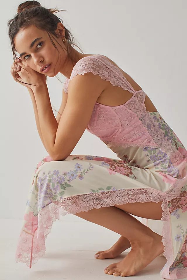 Elma Çiçek Baskılı Dekolteli File Uzun Slip Elbise