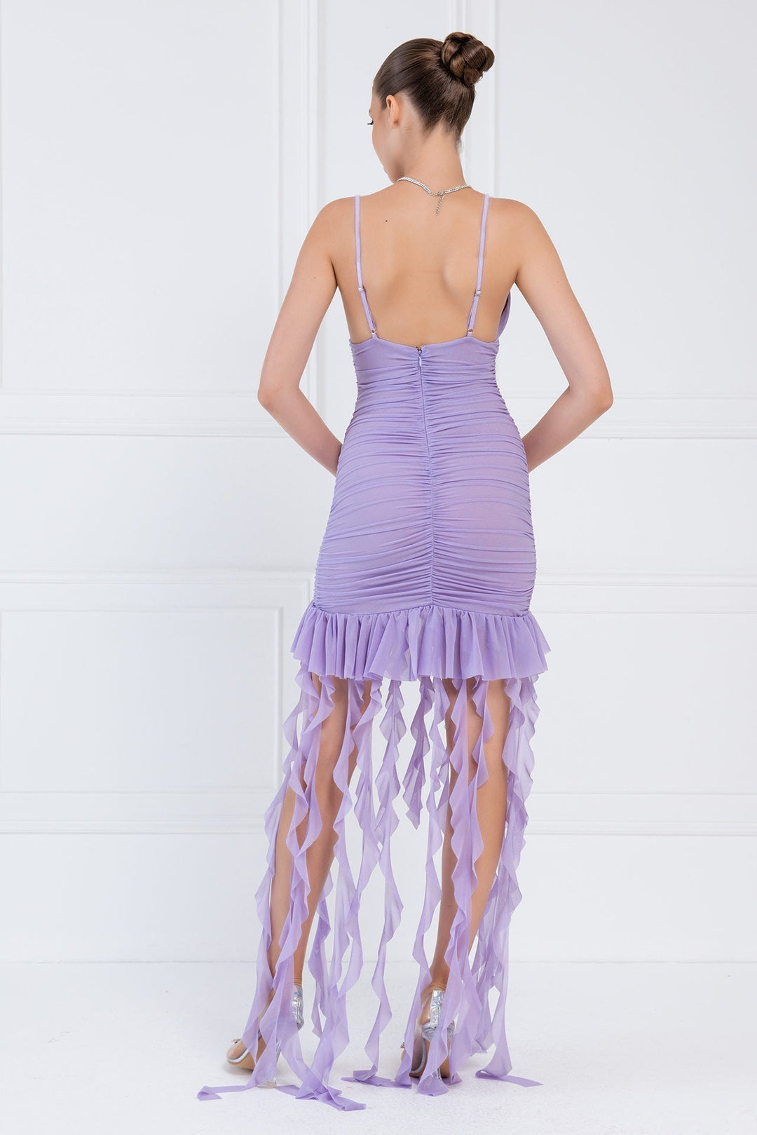 Elma Büzgülü File Kıvırcık Püskül Mini Slip Elbise