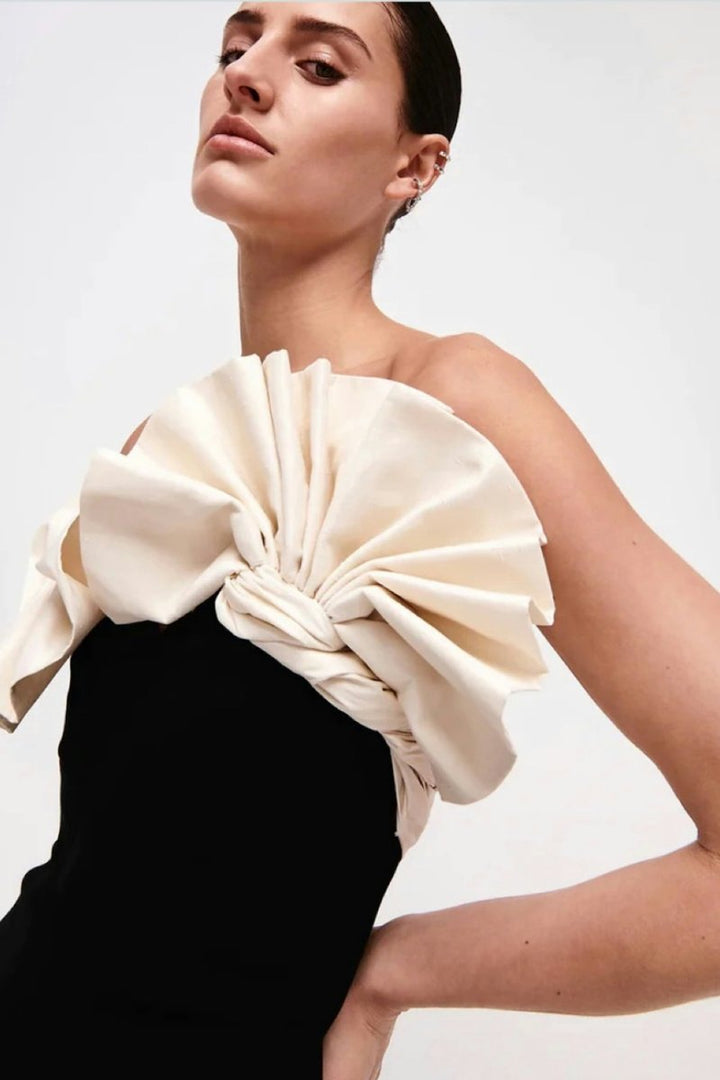 Elsa Straplez Büzgülü Midi Ayrık Elbise