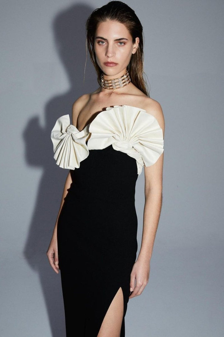 Elsa Straplez Büzgülü Midi Ayrık Elbise