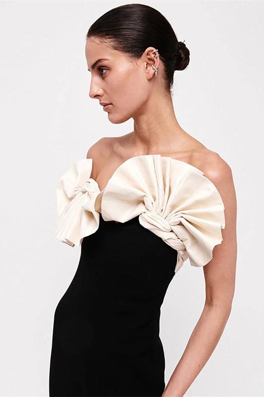 Elsa Straplez Büzgülü Midi Ayrık Elbise