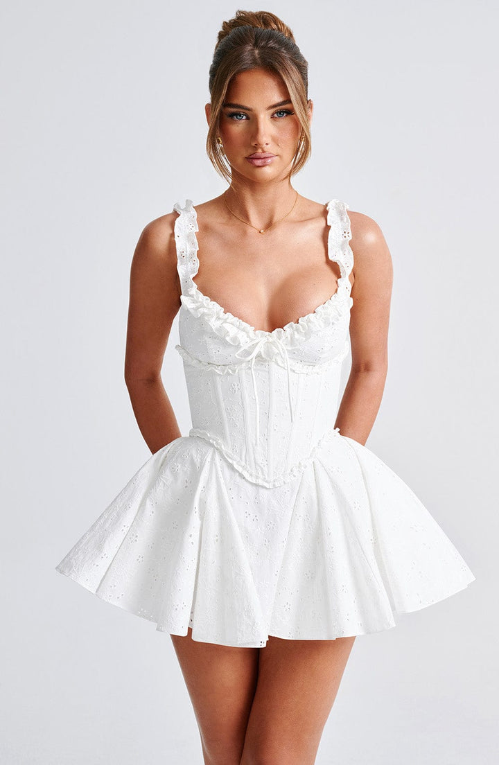 Elva Dantelli Fırfırlı Elbise - Fildişi