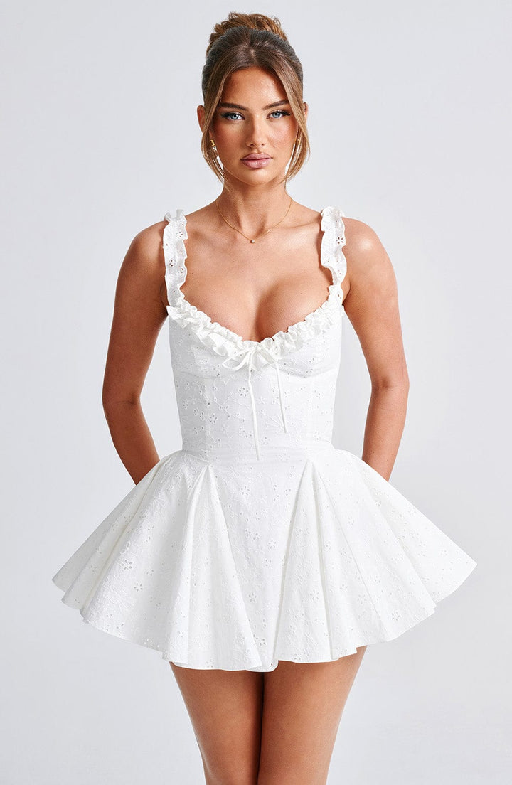 Elva Dantelli Fırfırlı Elbise - Fildişi