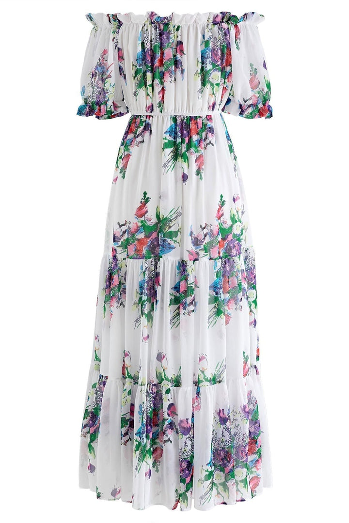 Evadane Baskılı Omuzu Açık Piliseli Maxi Elbise