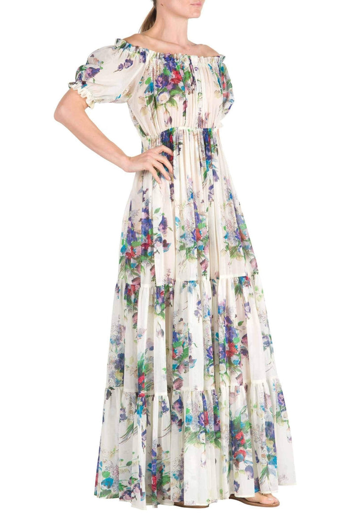 Evadane Baskılı Omuzu Açık Piliseli Maxi Elbise