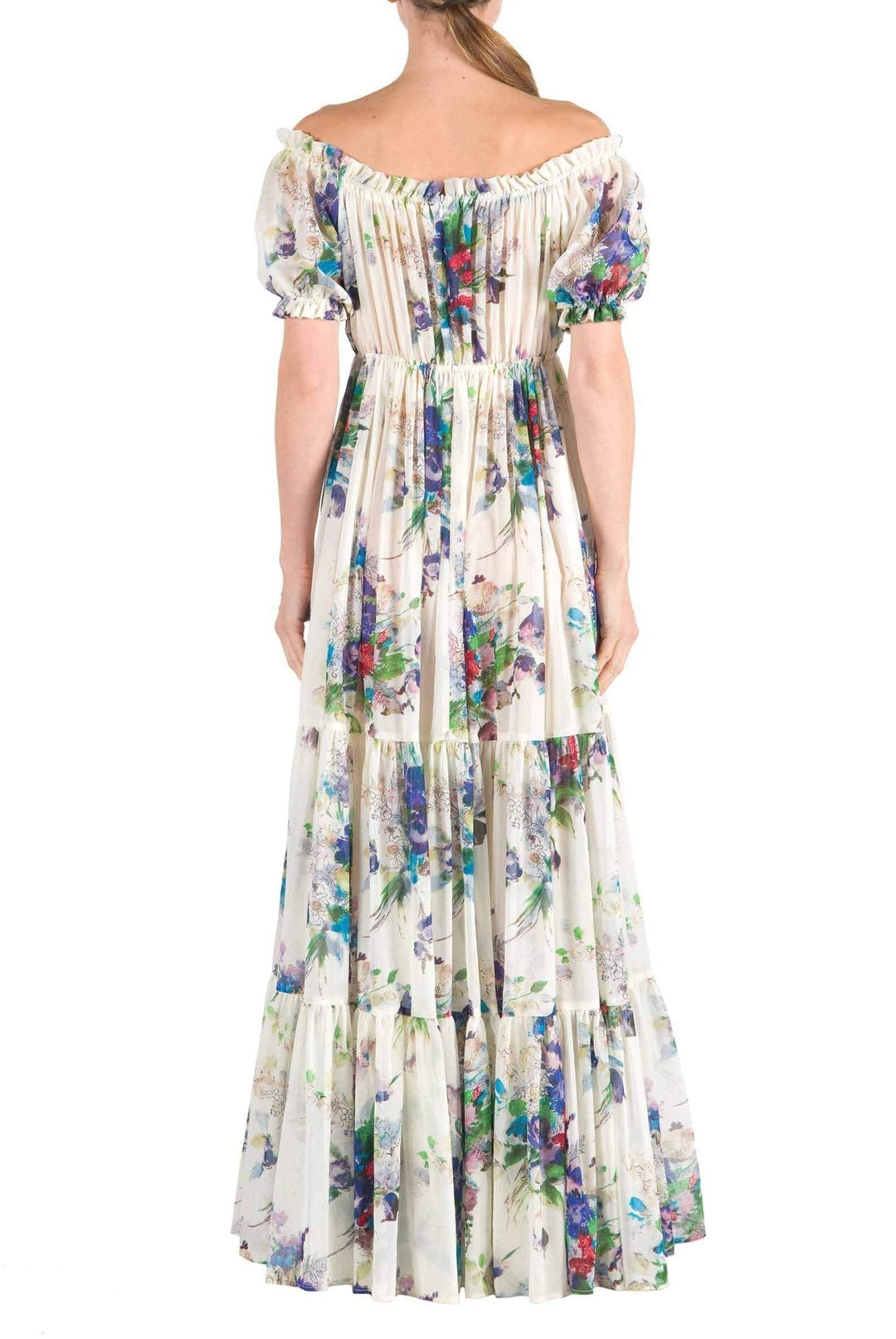 Evadane Baskılı Omuzu Açık Piliseli Maxi Elbise