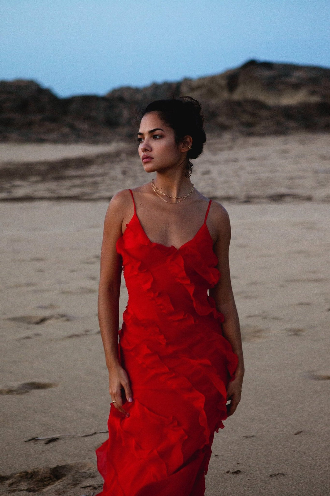 Eve Şifon Fırfırlı Maxi Slip Elbise