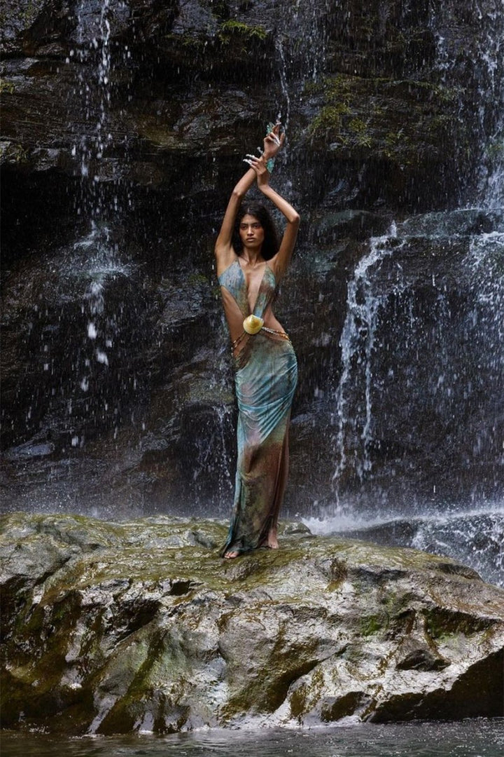 Eve Boyundan Bağlamalı Deniz Kenarı Detaylı Maxi File Elbise