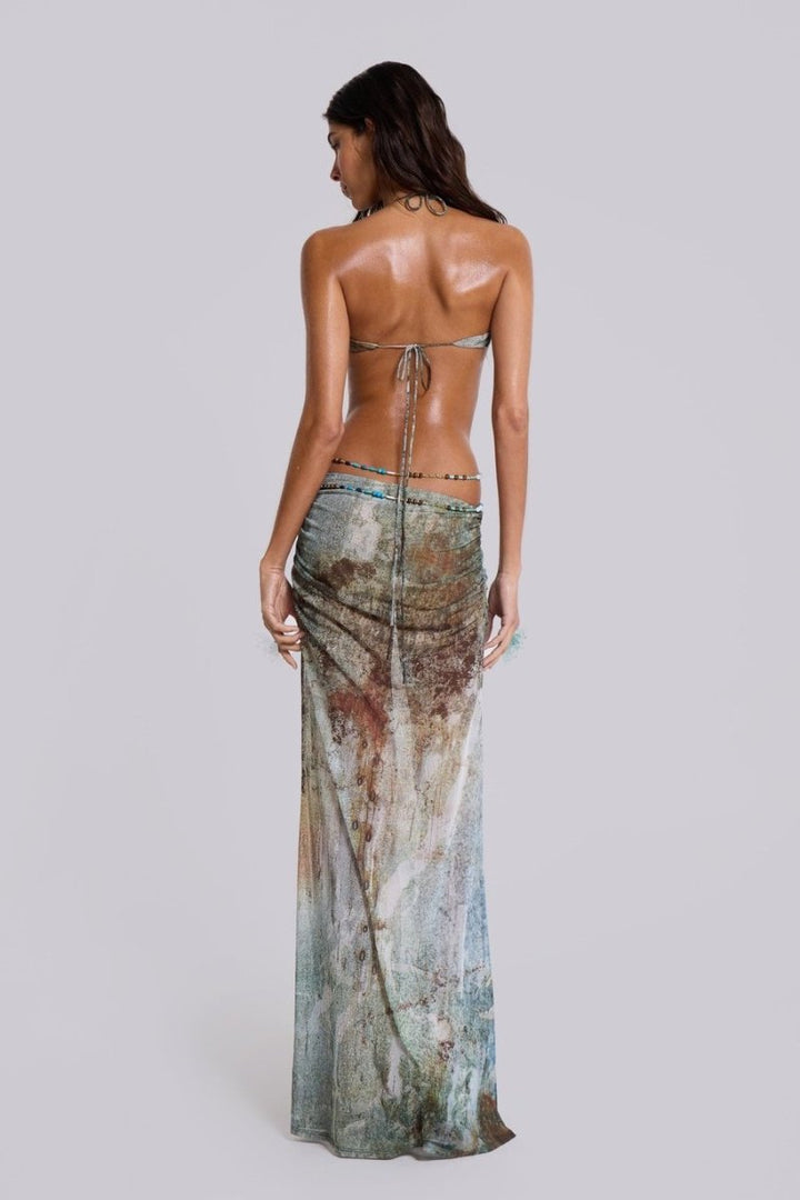 Eve Boyundan Bağlamalı Deniz Kenarı Detaylı Maxi File Elbise