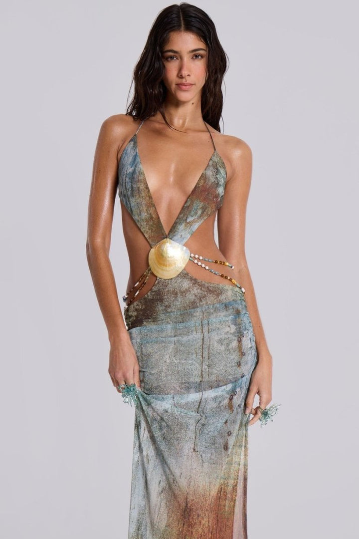 Eve Boyundan Bağlamalı Deniz Kenarı Detaylı Maxi File Elbise