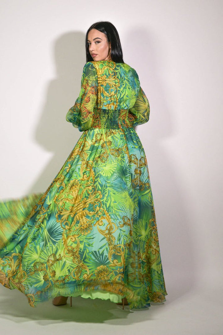 Eve Tropikal Desenli V Yaka Uzun Elbise