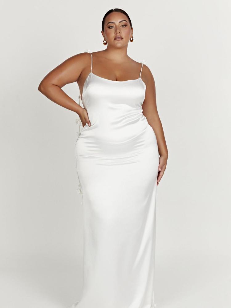 Evelyn Sırtı Açık Çiçek Püsküllü Saten Maxi Elbise