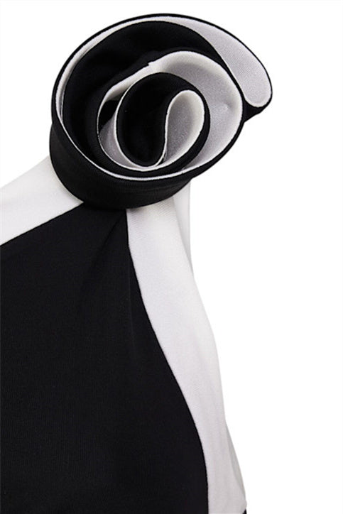 Salome Asimetrik Çiçek Aplikeli Uzun Elbise