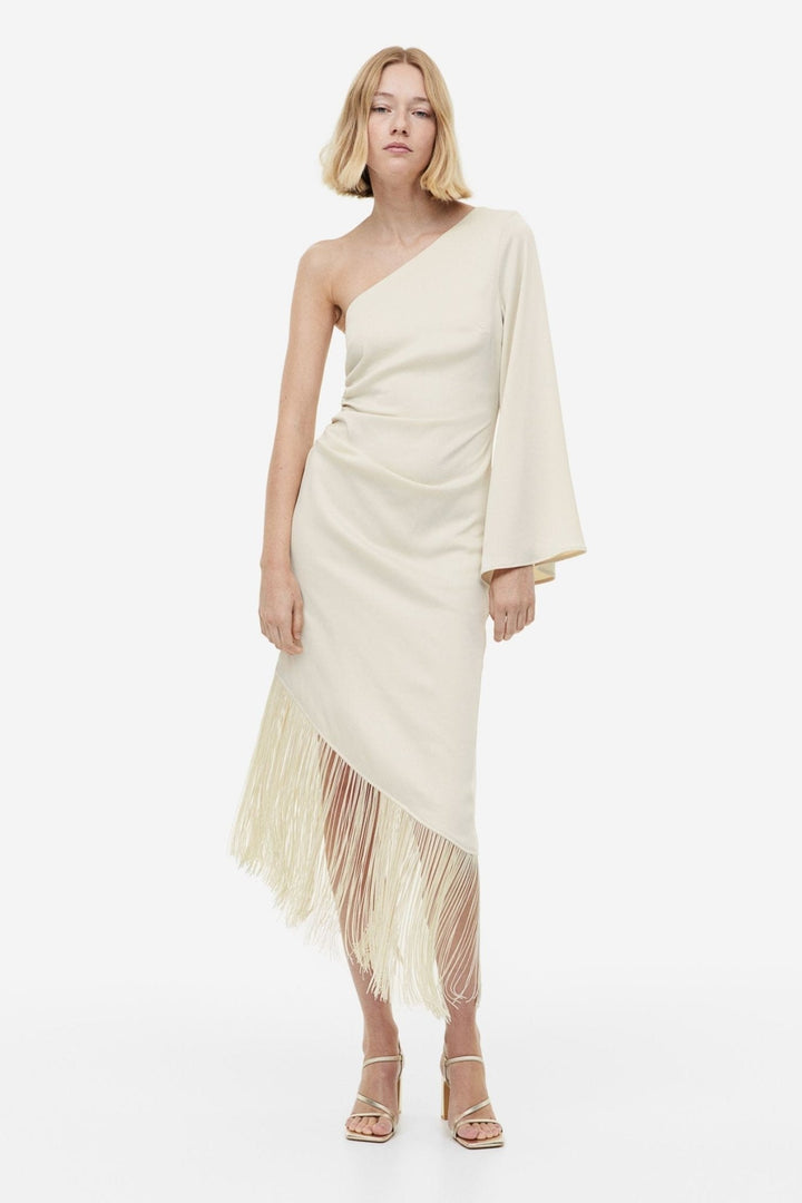 Fran Tek Omuz Püsküllü Midi Elbise