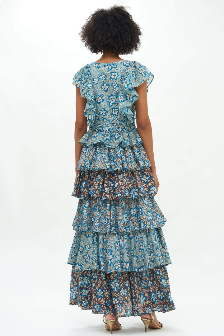 Fran Baskılı Fırfırlı Katlı Maxi Elbise
