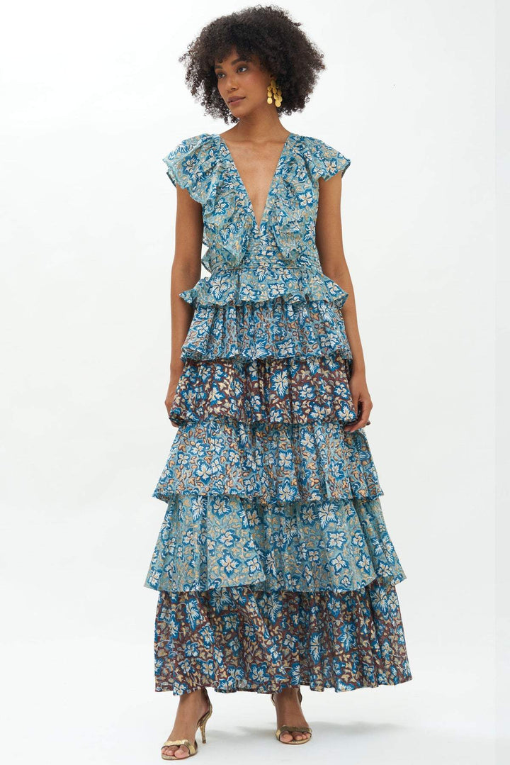 Fran Baskılı Fırfırlı Katlı Maxi Elbise