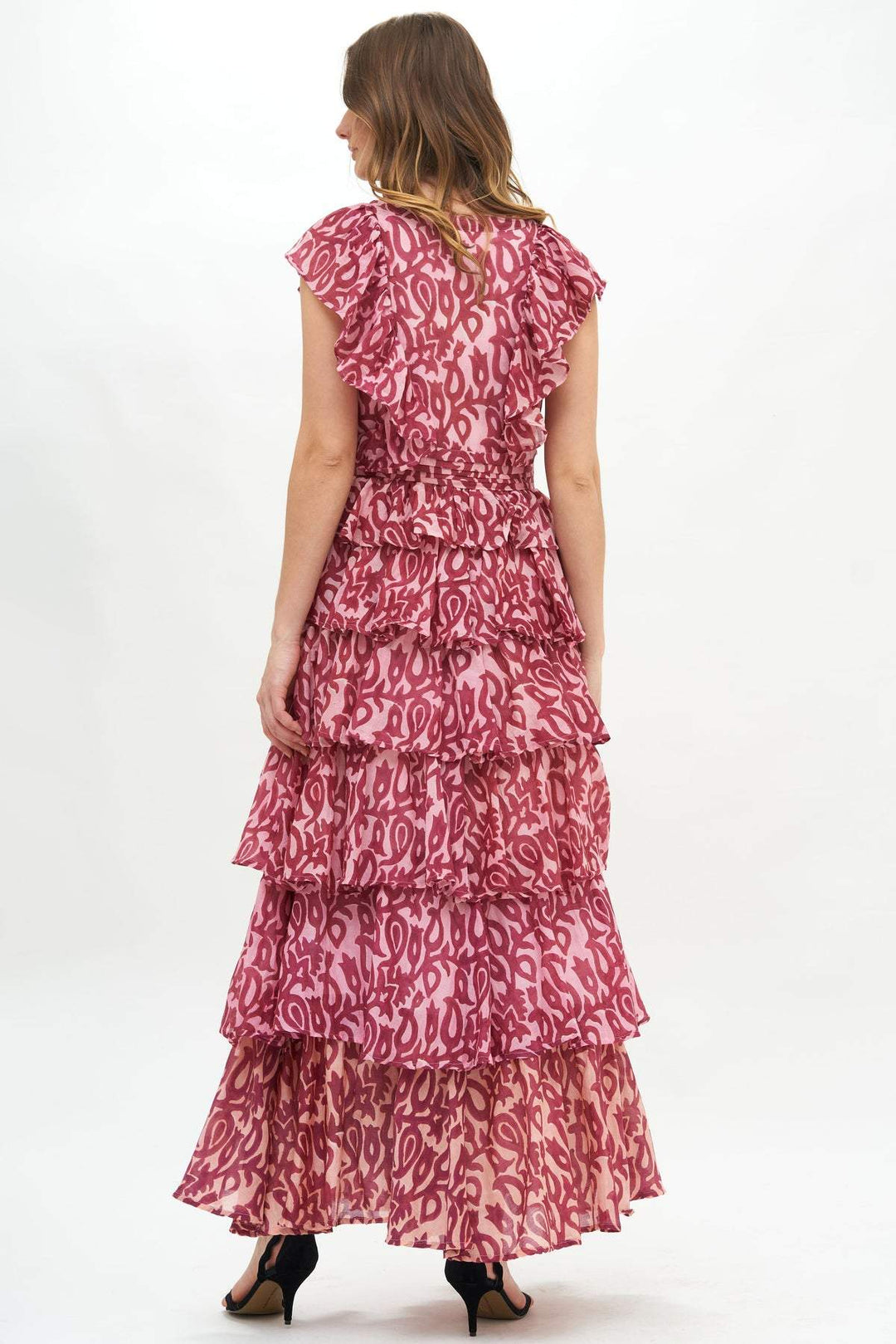 Fran Baskılı Fırfırlı Katlı Maxi Elbise
