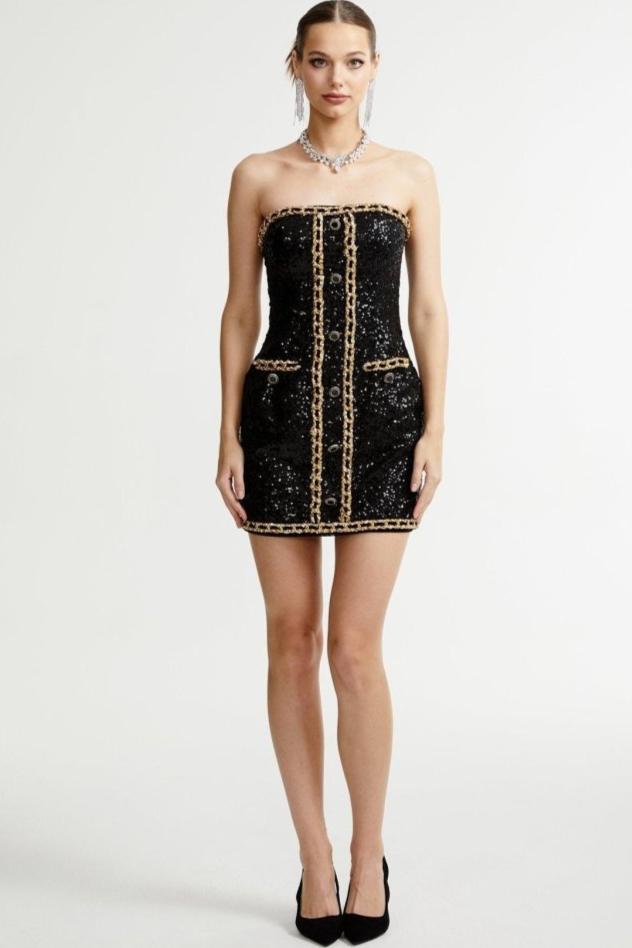 Freda İşlemeli Payetler Straplez Mini Elbise