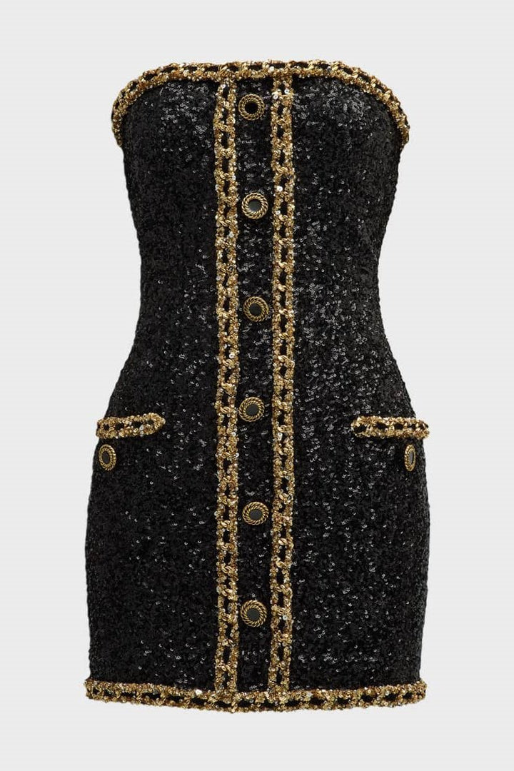Freda İşlemeli Payetler Straplez Mini Elbise