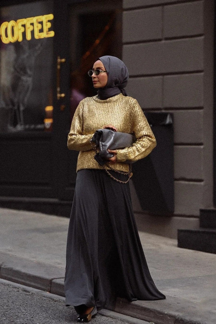 Freda Dokulu Metalik Triko Kazak