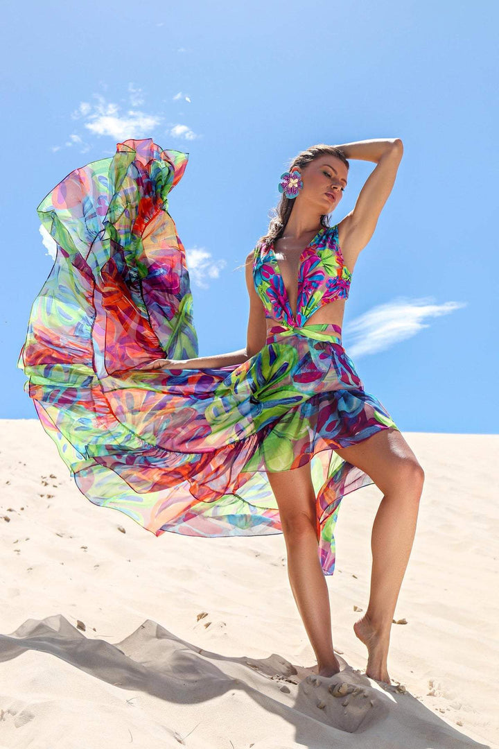 Frica Baskılı Kesikli Fırfırlı İki Parça Mayo