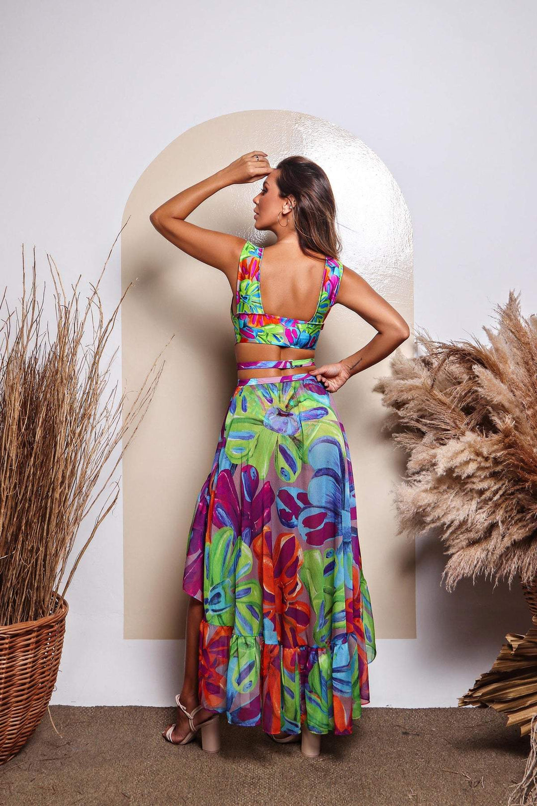 Frica Baskılı Kesikli Fırfırlı İki Parça Mayo