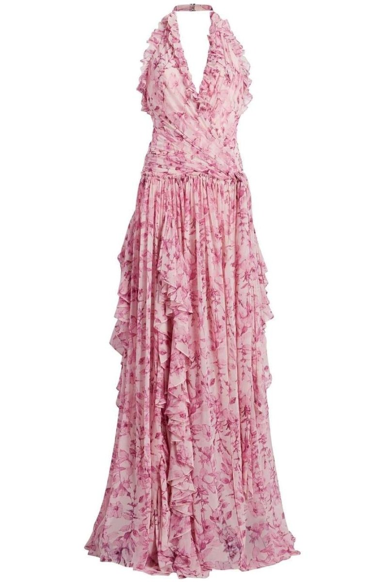 Gabrielle Boyundan Bağlamalı Fırfırlı Maxi Elbise