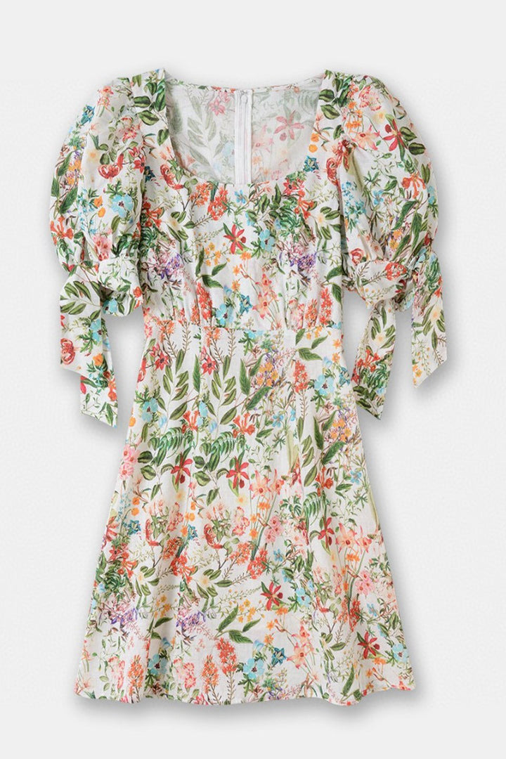 Gabrielle Baskılı Papyonlu Keten Mini Elbise